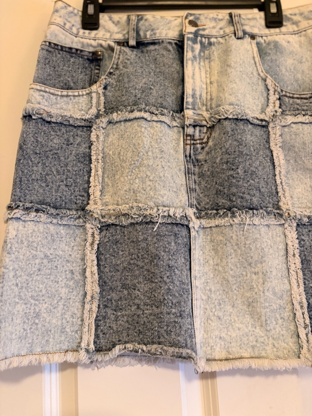 Oli & Hali Patchwork Acid Wash Denim Mini Skirt - Two-Tone Blue - Picture 2 of 5